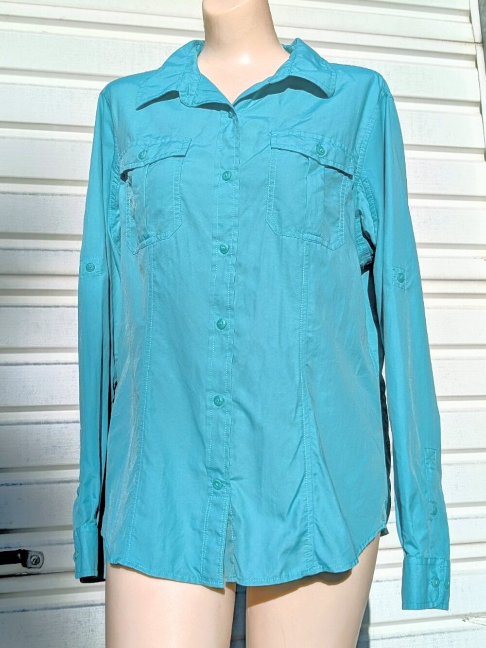 Duluth Trading Co Fishing Shirt Women L Turquoise Vented Hiking Outdoor Gorpcore